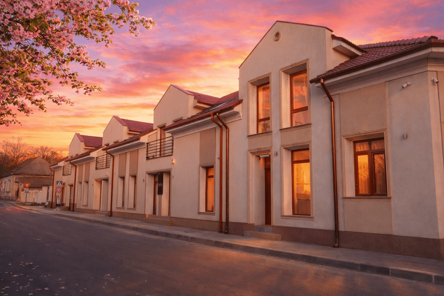 Fatada Casa M Oradea la apus - cazare boutique aproape de centrul orasului