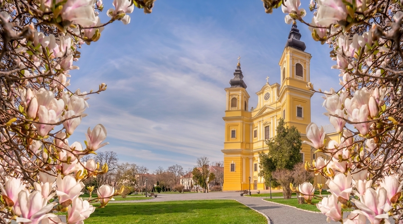 Catedrala Romano-Catolică din Oradea înconjurată de magnolii înflorite în luna aprilie.